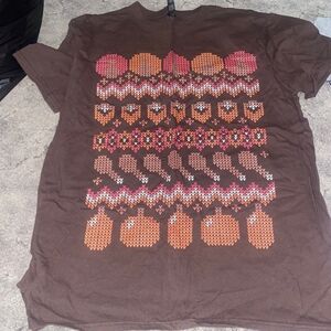 Brown T-Shirt with Pumpkin and Heart Pattern